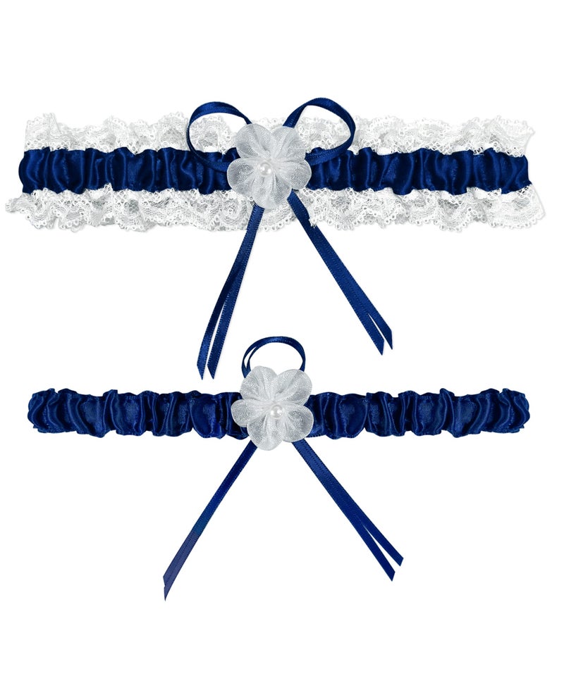 RIMOBUL 2 Pieces Wedding Garters Lace Bridal Garter Faux Pearls Garter for Bride with Toss Away (Royal Blue) - Image 1